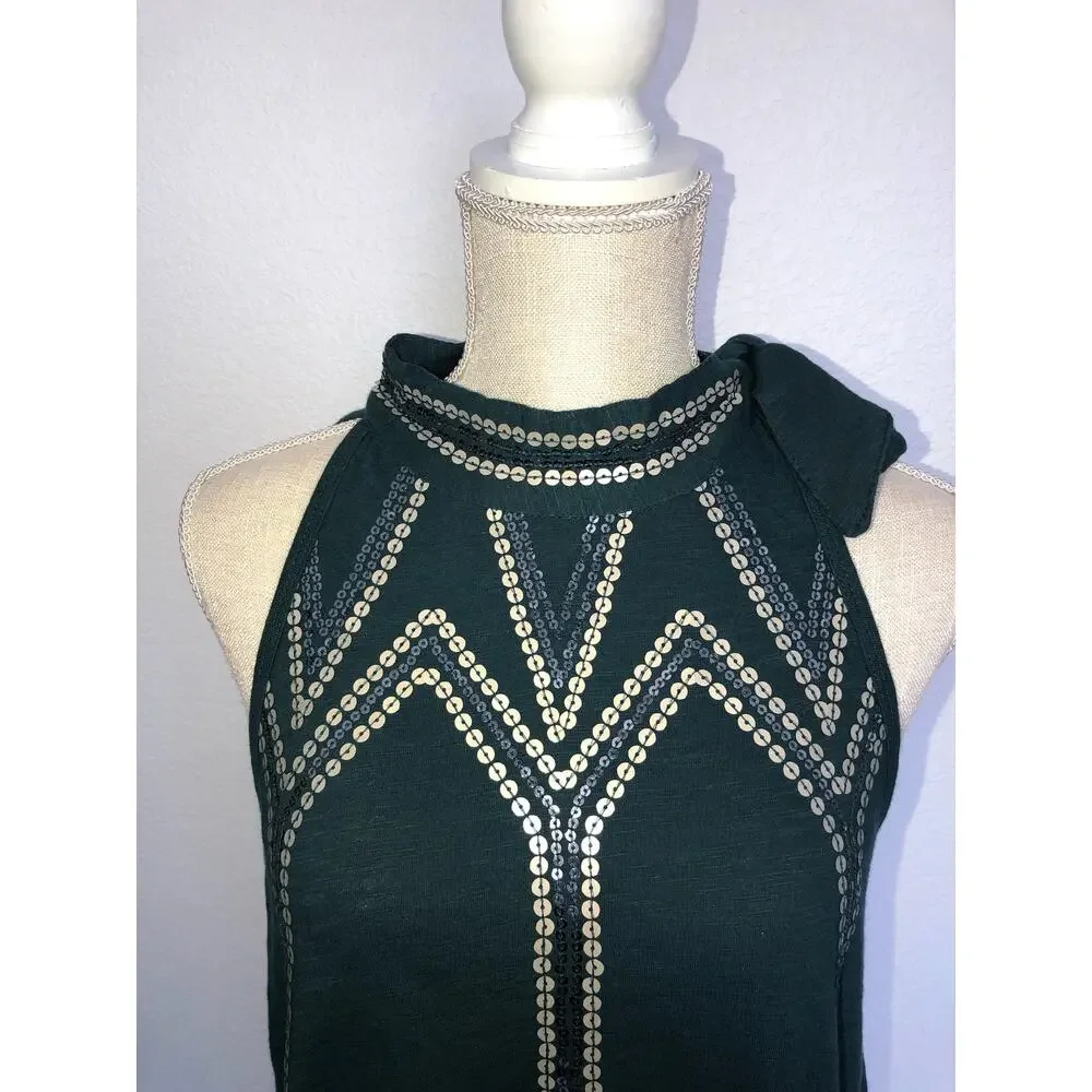Free People Green Glitter City Tie Neck Tank Top - XS